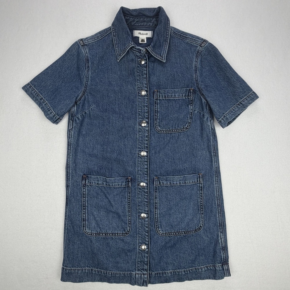 Madewell Denim Short Sleeve Button Front Mini Shirt Dress Medium Wash XS